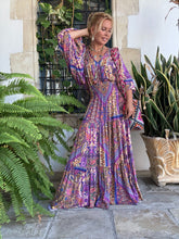 Load image into Gallery viewer, GYPSETTE MAXI SKIRT with 6 mtrs volant/ blue orchid oriental print