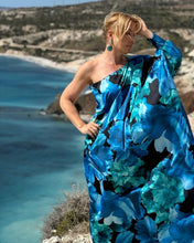 Load image into Gallery viewer, ATHENA MAXI DRESS ONE SHOULDER/ dark turquoise and blue xl flowers