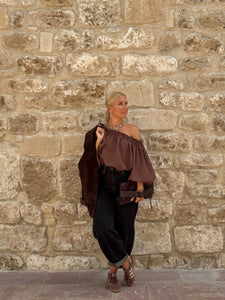 CARMEN BLOUSE / milk chocolate brown crepe satin