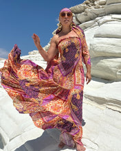 Load image into Gallery viewer, LA ISLA MAXI DRESS/ spicy orange, fuchsia , purple oriental print