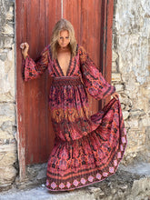 Load image into Gallery viewer, HIPPIE MAXI DRESS/burgundy red paisley print with metallic thread