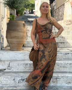 SLIP MAXI DRESS/ chocolate brown and caramel print with golden thread