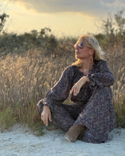 Load image into Gallery viewer, GLOW JUMPSUIT/ earthy and purple painsley print with metallic thread