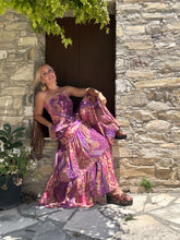 Load image into Gallery viewer, GYPSETTE MAXI SKIRT WITH 6 mtrs ruffle/ amethyst purple oriental print