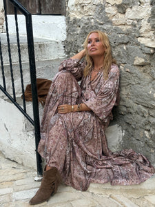 YASMINE MAXI DRESS/ cafe latte beige print silk with elastane