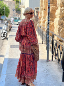 BOHOSOUL MAXI DRESS/ brick red+burgundy paisley print woth metallic thread