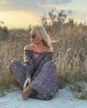 Load image into Gallery viewer, GLOW JUMPSUIT/ earthy and purple painsley print with metallic thread