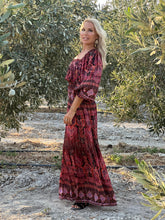 Load image into Gallery viewer, BELLA MAXI DRESS/ burgundy and red paisley print with metallic thread