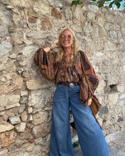 Load image into Gallery viewer, THALASSA BLOUSE WITH XL BELL SLEEVES / chocolate brown, caramel print and golden thread