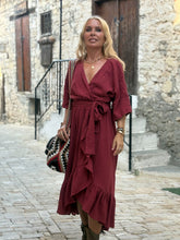 Load image into Gallery viewer, WRAP MIDI DRESS with kimono sleeves / red wine cotton