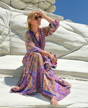Load image into Gallery viewer, HIPPIE MAXI DRESS/ wild orchid blue, purple, yellow oriental print