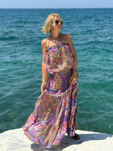Load image into Gallery viewer, JOY MAXI DRESS with low waist and 6 mtrs volant/ blue orchid oriental print