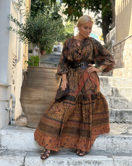 DREAM MAXI DRESS/ chocolate brown and caramel print with golden thread