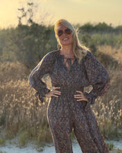 Load image into Gallery viewer, GLOW JUMPSUIT/ earthy and purple painsley print with metallic thread