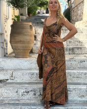 Load image into Gallery viewer, SLIP MAXI DRESS/ chocolate brown and caramel print with golden thread
