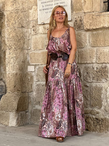 KARIATIDE MAXI DRESS/ Rasberry and Choco: pink and chocolate brown silk