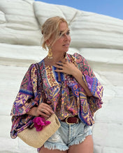 Load image into Gallery viewer, THALASSA BLOUSE WITH XL SLEEVES/ wild orchid blue , purple, yellow oriental print
