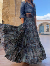 Load image into Gallery viewer, GYPSETTE MAXI SKIRT WITH 6 mtrs ruffle / chocolate brown and blue paisley