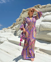 Load image into Gallery viewer, HIPPIE MAXI DRESS/ wild orchid blue, purple, yellow oriental print