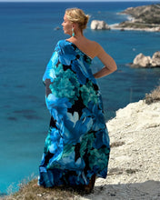 Load image into Gallery viewer, ATHENA MAXI DRESS ONE SHOULDER/ dark turquoise and blue xl flowers