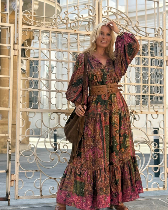 THALASSA MAXI DRESS/ tourmaline print with golden thread