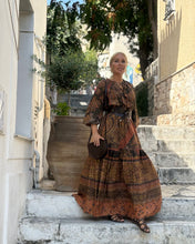 Load image into Gallery viewer, DREAM MAXI DRESS/ chocolate brown and caramel print with golden thread