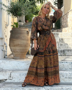 DREAM MAXI DRESS/ chocolate brown and caramel print with golden thread