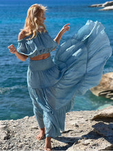 Load image into Gallery viewer, GYPSETTE MAXI SKIRT/ 6 mtrs volant/ sky blue cotton voile