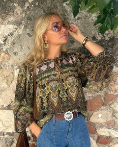 BOHOSOUL BLOUSE/ green and olive green paisley print