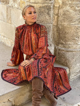 Load image into Gallery viewer, ISABELLE MIDI DRESS/ brick red oriental  print