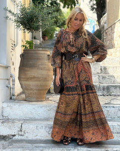 DREAM MAXI DRESS/ chocolate brown and caramel print with golden thread
