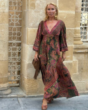 Load image into Gallery viewer, HIPPIE MAXI DRESS/ tourmaline print with golden thread