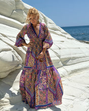 Load image into Gallery viewer, HIPPIE MAXI DRESS/ wild orchid blue, purple, yellow oriental print