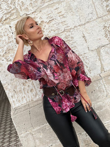 YASMINE BLOUSE / red and pink floral chiffon