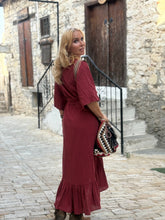 Load image into Gallery viewer, WRAP MIDI DRESS with kimono sleeves / red wine cotton