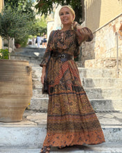 Load image into Gallery viewer, DREAM MAXI DRESS/ chocolate brown and caramel print with golden thread