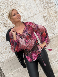 YASMINE BLOUSE / red and pink floral chiffon