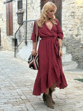 Load image into Gallery viewer, WRAP MIDI DRESS with kimono sleeves / red wine cotton