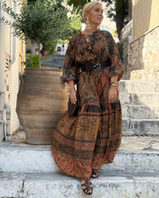 Load image into Gallery viewer, DREAM MAXI DRESS/ chocolate brown and caramel print with golden thread