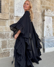 Load image into Gallery viewer, MUSE LONG KIMONO/ PONCHO WITH RUFFLES / black cotton voile