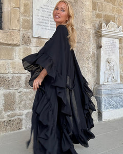 MUSE LONG KIMONO/ PONCHO WITH RUFFLES / black cotton voile