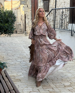 YASMINE MAXI DRESS/ cafe latte beige print silk with elastane