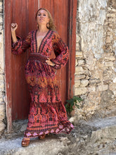 Load image into Gallery viewer, HIPPIE MAXI DRESS/burgundy red paisley print with metallic thread