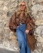 Load image into Gallery viewer, THALASSA BLOUSE WITH XL BELL SLEEVES / chocolate brown, caramel print and golden thread