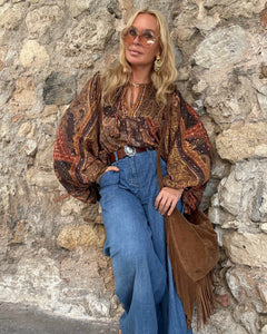 THALASSA BLOUSE WITH XL BELL SLEEVES / chocolate brown, caramel print and golden thread