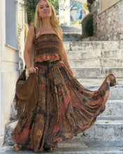 Load image into Gallery viewer, GYPSETTE MAXI SKIRT WITH 6 mtrs ruffle/ chocolate brown and caramel print with golden thread
