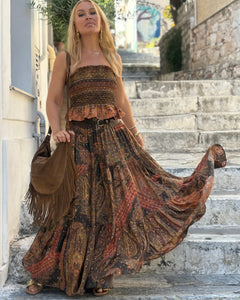 GYPSETTE MAXI SKIRT WITH 6 mtrs ruffle/ chocolate brown and caramel print with golden thread