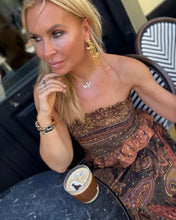 Load image into Gallery viewer, CORSET STRAPLESS TOP / chocolate briwn, caramel print with golden thread