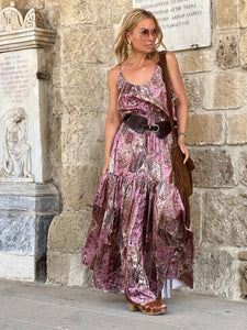 KARIATIDE MAXI DRESS/ Rasberry and Choco: pink and chocolate brown silk