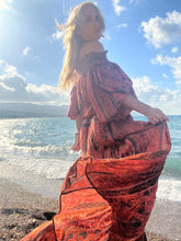 Load image into Gallery viewer, GYPSETTE MAXI SKIRT / with 6 mtrs volant, brick red oriental print with metallic thread